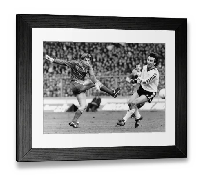 Framed Print : Kenny Dalglish footballer Liverpool FC kicking ball shot shooting League Milk Cup final