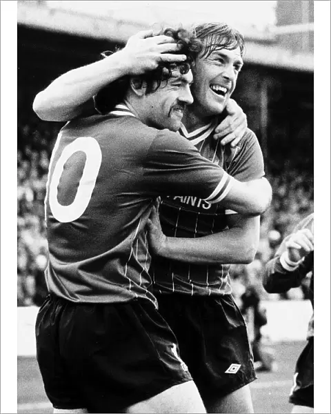 Kenny Dalglish footballer Liverpool FC congratulates celebrates with John Wark 1984