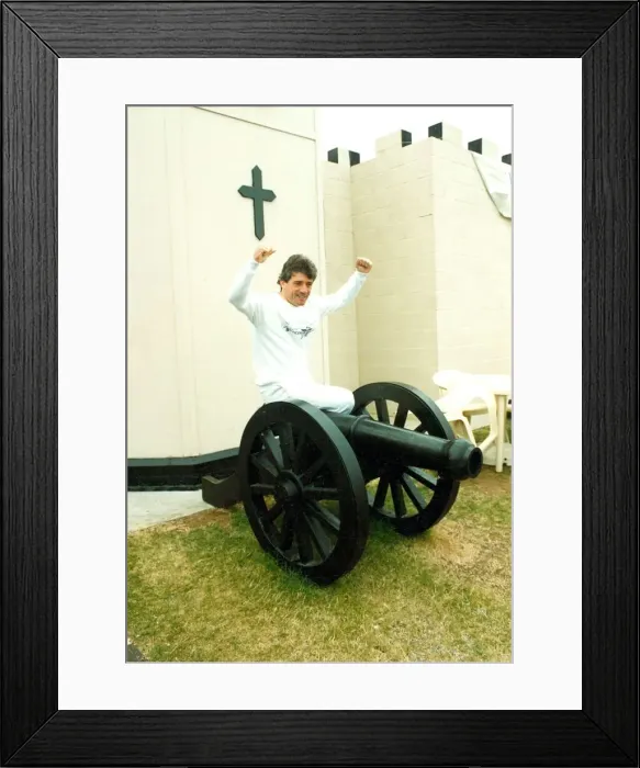Framed Print : Kevin Keegan sitting on a cannon Framed Print : Kevin Keegan sitting on a cannon