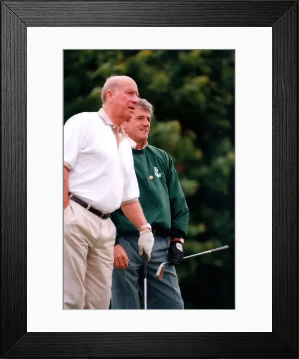 Framed Print : Sir Bobby Charlton and Kevin Keegan discuss how to play the next hole at the City of Framed Print : Sir Bobby Charlton and Kevin Keegan discuss how to play the next hole at the City of