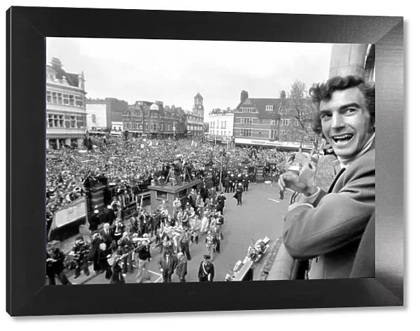 West Hams Trevor Brooking showing off the trophy to fans gathered below at Newham