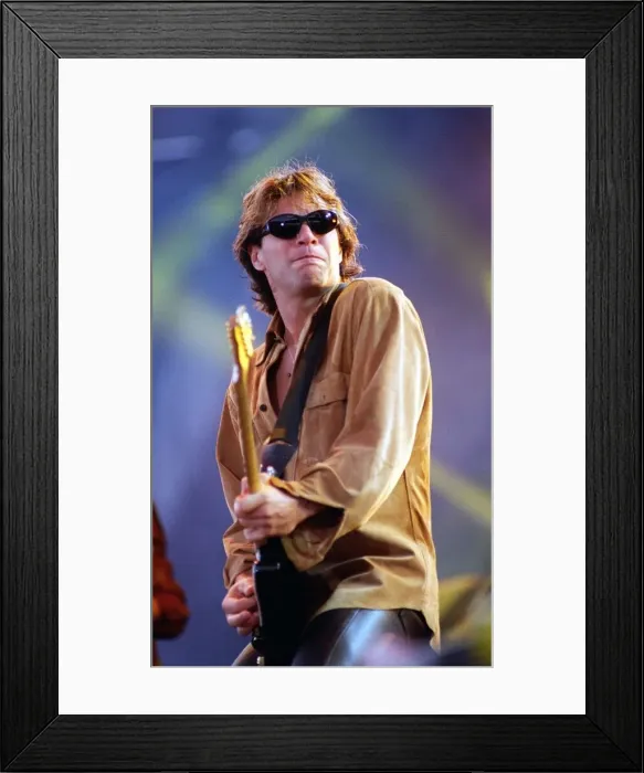 Framed Print : Jon Bon Jovi on stage at Ibrox playing guitar 1996 Framed Print : Jon Bon Jovi on stage at Ibrox playing guitar 1996