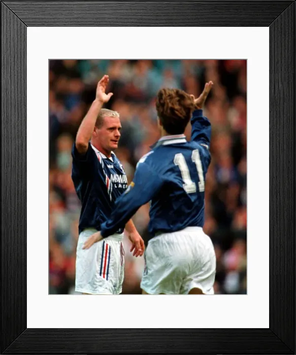 Framed Print : Paul Gascoigne celebrates goal with Brian Laudrup Rangers versus Aberdeen Scottish League Framed Print : Paul Gascoigne celebrates goal with Brian Laudrup Rangers versus Aberdeen Scottish League