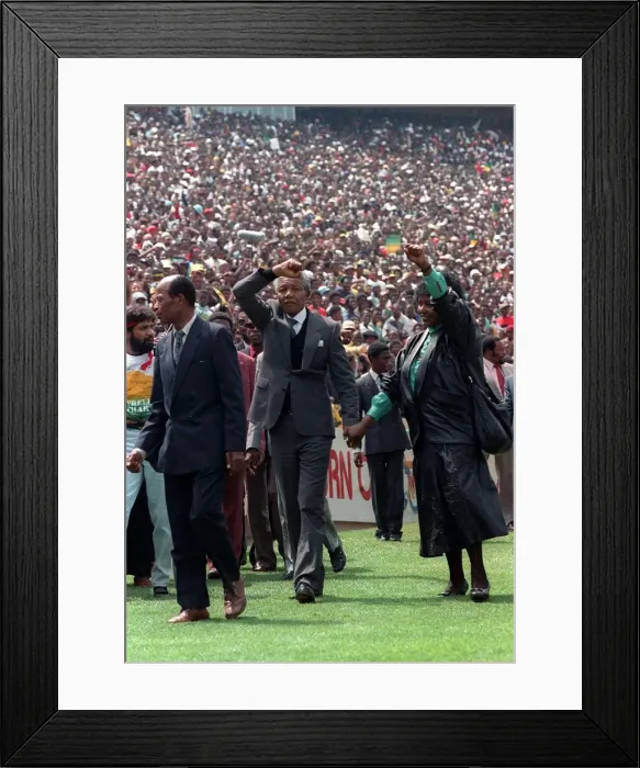 Framed Print : Nelson Mandela leader of ANC released from prison 1990 salute the crowd with his