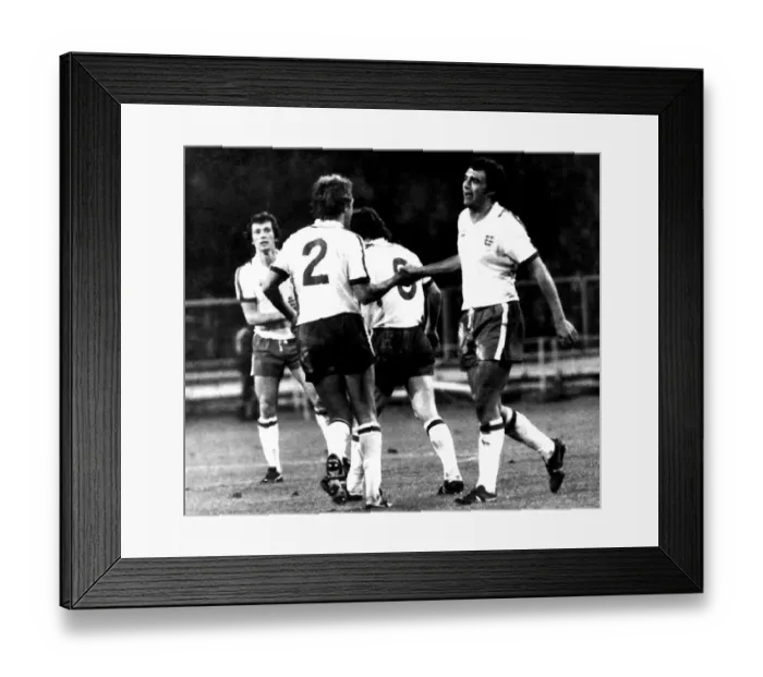 Framed Print : England goalscorer Trevor Brooking is congratulated by teammates after scoring in Framed Print : England goalscorer Trevor Brooking is congratulated by teammates after scoring in