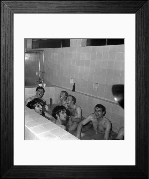 Framed Print : Manchester United players in bath after victory in April 1965 Framed Print : Manchester United players in bath after victory in April 1965
