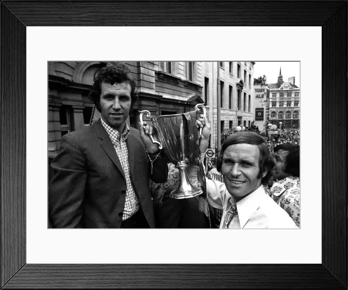 Framed Print : Peter Osgood and John Dempsie of Chelsea on open top bus with European cup winners cup Framed Print : Peter Osgood and John Dempsie of Chelsea on open top bus with European cup winners cup