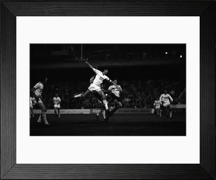 Framed Print : Watford v Liverpool FA cup replay March 1986 Liverpool defender Alan Hansen jumps Framed Print : Watford v Liverpool FA cup replay March 1986 Liverpool defender Alan Hansen jumps