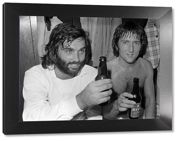 George Best former Manchester United player sitting in dressing room holding a bottle of