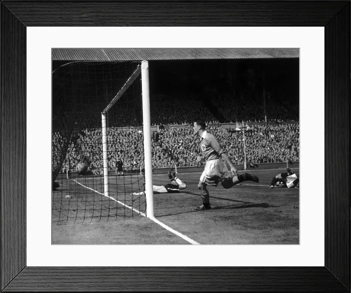 Framed Print : Moir of Bolton on floor scores his teams 2nd goal May 1953 in the Blackpool v Framed Print : Moir of Bolton on floor scores his teams 2nd goal May 1953 in the Blackpool v