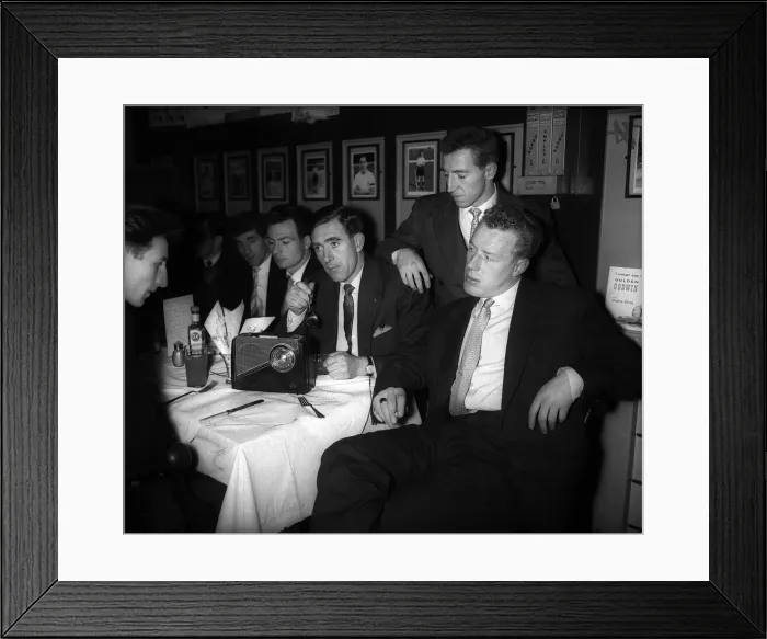 Framed Print : Johnny Brooks and other Tottenham Hotspur players sitting around table listening to Framed Print : Johnny Brooks and other Tottenham Hotspur players sitting around table listening to