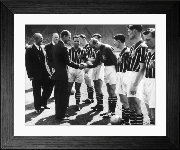 Framed Print : Bert Trautmann of Manchester shakes hands with Prince Philip before the 1956 FA Cup Framed Print : Bert Trautmann of Manchester shakes hands with Prince Philip before the 1956 FA Cup