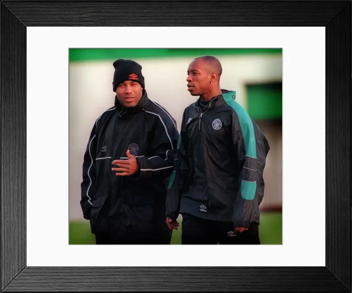 Framed Print : John Barnes coach wearing hat December 1999 and Ian Wright at Celtic training on Boxing Framed Print : John Barnes coach wearing hat December 1999 and Ian Wright at Celtic training on Boxing