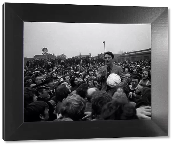 Brian Clough Ashbourne Race 1975 talking to crowd ball under arm February 1975