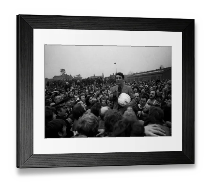 Framed Print : Brian Clough Ashbourne Race 1975 talking to crowd ball under arm February 1975 Framed Print : Brian Clough Ashbourne Race 1975 talking to crowd ball under arm February 1975
