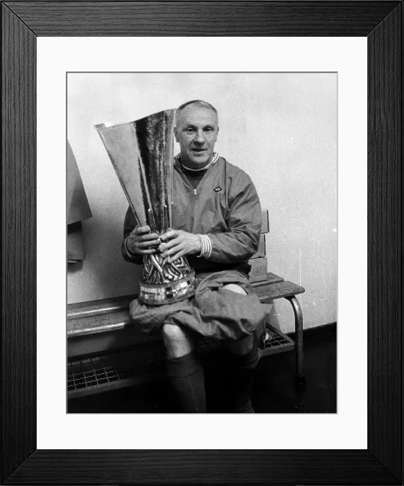Framed Print : Liverpool manager Bill Shankly holding the UEFA Cup trophy after his side defeated Framed Print : Liverpool manager Bill Shankly holding the UEFA Cup trophy after his side defeated