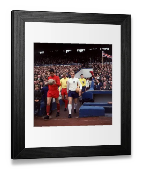 Framed Print : Bobby Moore England 1967 Mike England Wales leading teams on to pitch football Wales v