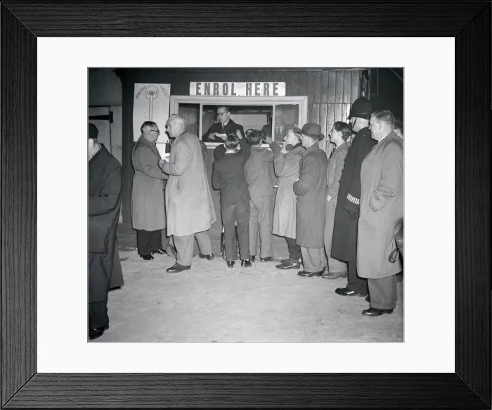 Framed Print : Brentford supporters queue up for cup tie tickets against Chelsea Framed Print : Brentford supporters queue up for cup tie tickets against Chelsea