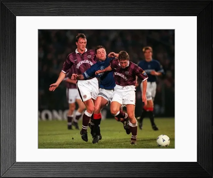 : Paul Gascoigne is tackled by Steve Fulton and Gary Mackay Hearts Rangers Scottish : Paul Gascoigne is tackled by Steve Fulton and Gary Mackay Hearts Rangers Scottish