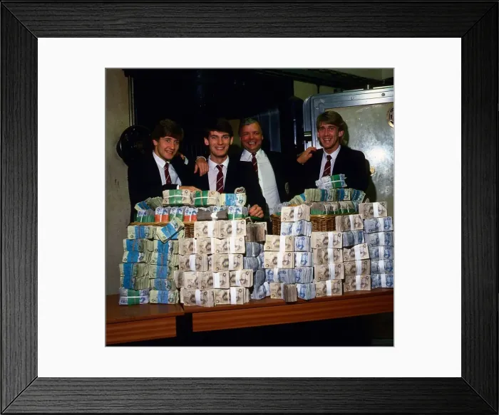 Framed Print : Wallace Mercer & players with pile of money February 1986 Framed Print : Wallace Mercer & players with pile of money February 1986