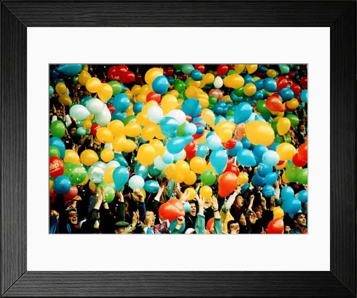 Framed Print : Crystal Palace supporters release hundreds of balloons after they win against Liverpool