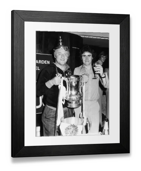 Framed Print : Tommy Docherty Football Manager holding FA Cup with the lid on his head Framed Print : Tommy Docherty Football Manager holding FA Cup with the lid on his head
