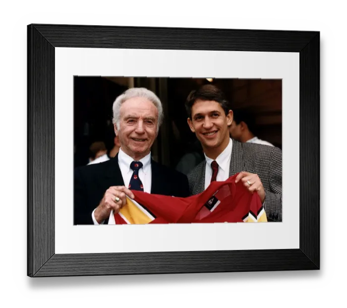 Framed Print : Legendary English footballer Sir Stanley Matthews with Gary Lineker at Lillywhites Super Framed Print : Legendary English footballer Sir Stanley Matthews with Gary Lineker at Lillywhites Super
