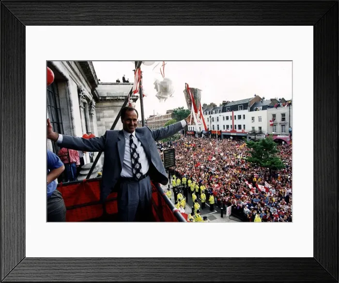 Framed Print : Arsenal Manager George Graham holds the European Cup Winners Cup trophy At Islington Town