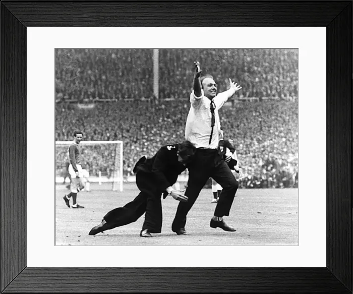 Framed Print : Everton v Sheffield Wednesday FA Cup Final May 1966 A fan is Rugby tackled by a Framed Print : Everton v Sheffield Wednesday FA Cup Final May 1966 A fan is Rugby tackled by a