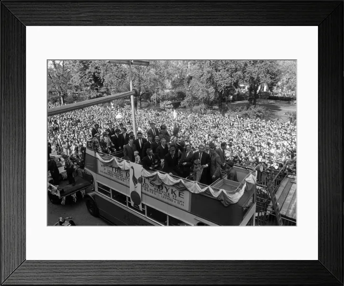 Framed Print : A double decker bus carries the team holding the European Cup Winners Cup Winners trophy