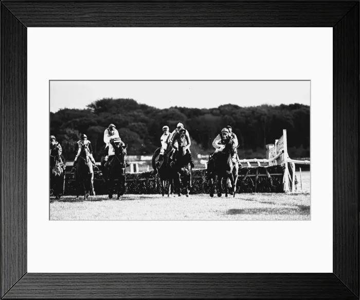 Framed Print : Over the last hurdle safely Narvik (right) is pushed out by Denis Atkins to shrug off Framed Print : Over the last hurdle safely Narvik (right) is pushed out by Denis Atkins to shrug off