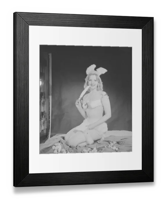 Framed Print : Reveille Easter Bunny Feature. Model Peggy Cage nseen here wearing a fur trim bathing Framed Print : Reveille Easter Bunny Feature. Model Peggy Cage nseen here wearing a fur trim bathing