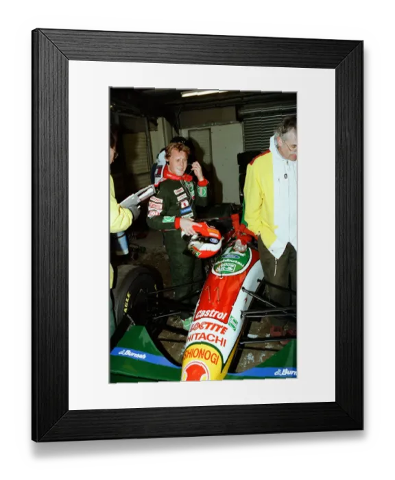 Framed Print : Racing at Silverstone. 3rd March 1993. Johnny Herbert about to get into his Framed Print : Racing at Silverstone. 3rd March 1993. Johnny Herbert about to get into his