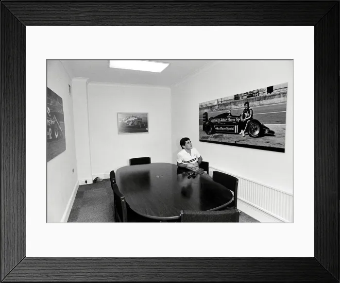 Framed Print : Racing driver Ayrton Senna at the Lotus Racing H. Q, Norfolk. 4th July 1985
