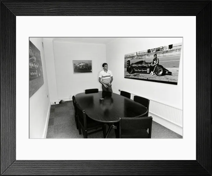 Framed Print : Racing driver Ayrton Senna at the Lotus Racing H. Q, Norfolk. 4th July 1985