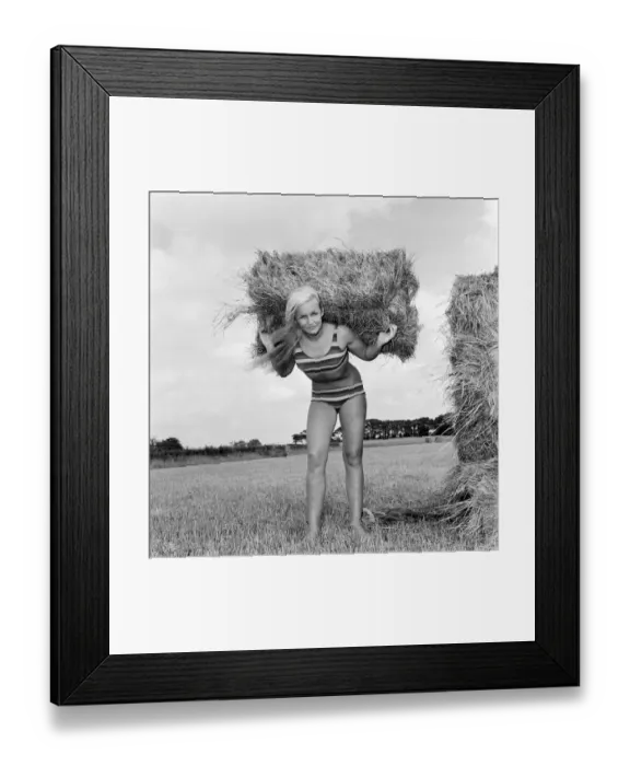 Framed Print : Woman modelling beachwear in a field during harvest