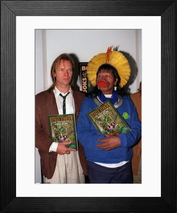 Framed Print : Sting with Raoni a Kayapo Indian Chief April 1989 at news press conference to