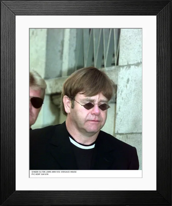 Framed Print : Elton john arrives at Gianni Versace memorial 22 / 07 / 97. The service was held in Italy Framed Print : Elton john arrives at Gianni Versace memorial 22 / 07 / 97. The service was held in Italy