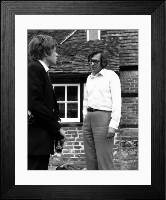 Framed Print : Tom Keylock July 1969 Reporters crowd around Brian Jones driver Tom