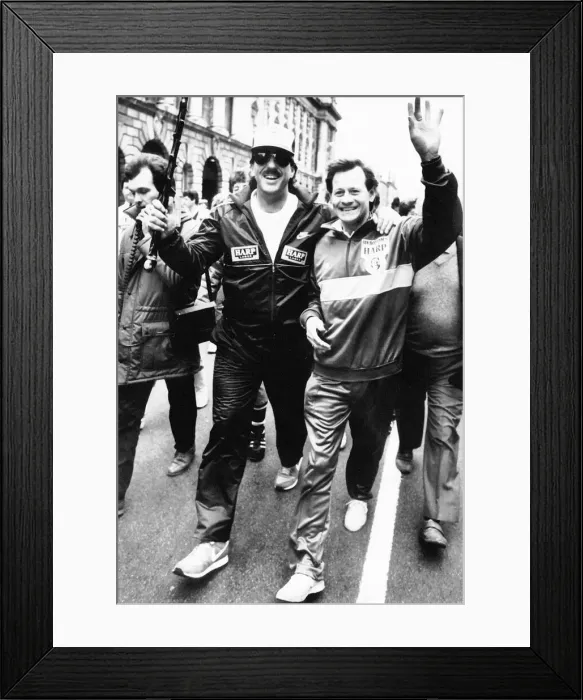 Framed Print : Alex Higgins with Ian Botham as his walk gets under way 1st April 1987 through Framed Print : Alex Higgins with Ian Botham as his walk gets under way 1st April 1987 through