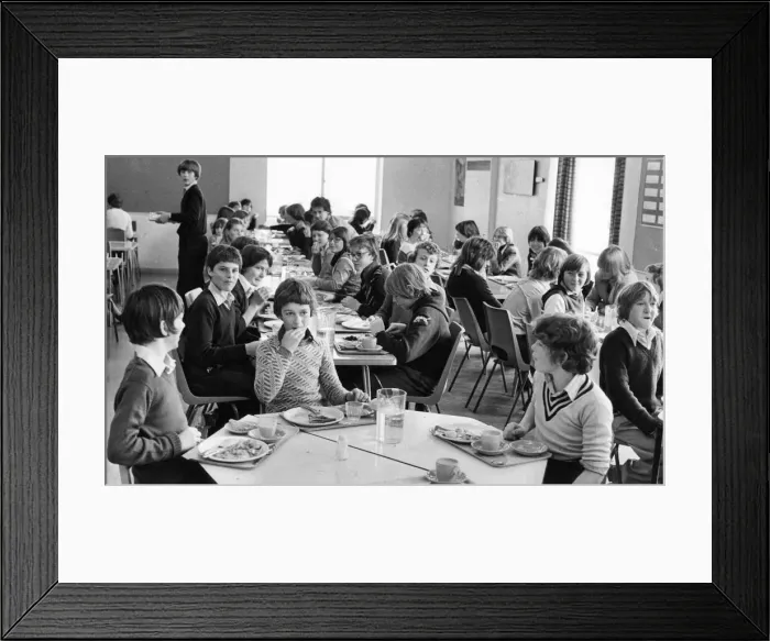Framed Print : Pupils enjoying their school dinners in a packed dining hall Framed Print : Pupils enjoying their school dinners in a packed dining hall