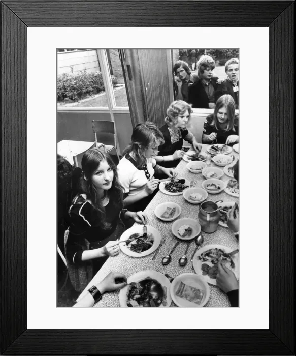 Framed Print : These pupils are not so sure whether to enjoy their school dinners