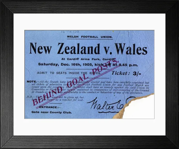 Framed Print : The 1905 Wales Tour All Blacks ticket which sold for £1950 Framed Print : The 1905 Wales Tour All Blacks ticket which sold for £1950