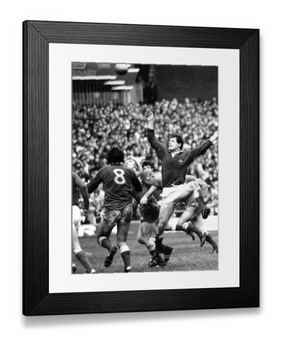Framed Print : Sport - Rugby - Wales v France - 1982 - Welsh wing forward Rhodri Lewis leaps for Framed Print : Sport - Rugby - Wales v France - 1982 - Welsh wing forward Rhodri Lewis leaps for