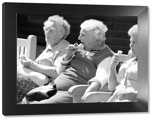 Old ladies sitting on a bench eating ice cream during a day out to the beach at Trecco