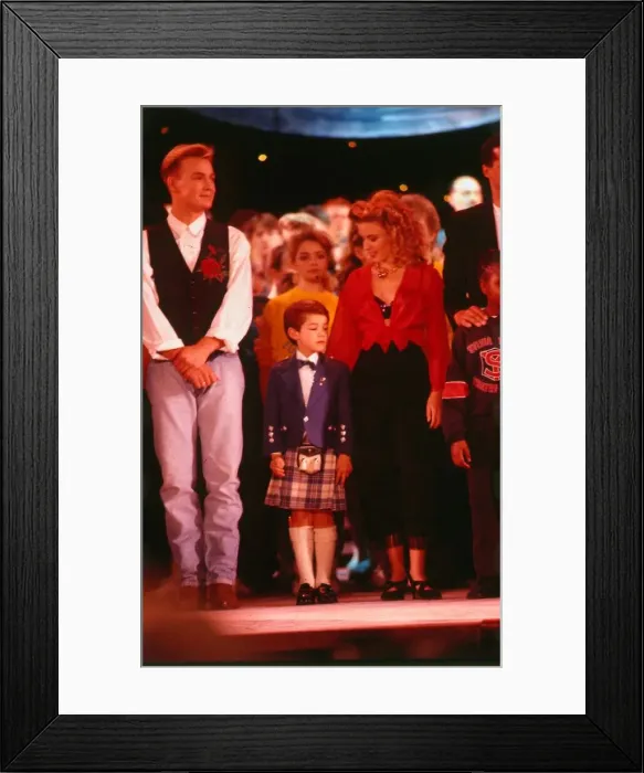Framed Print : Stuart Anderson April 1989 child Andy Stewart impersonator with Kylie Minogue Framed Print : Stuart Anderson April 1989 child Andy Stewart impersonator with Kylie Minogue