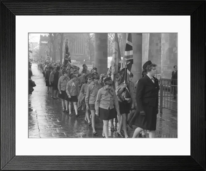 Framed Print : Girl guides arriving in procession at Coventry Cathedral for their annual Thinking Day