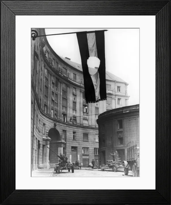 Framed Print : The Hungarian flag seen here flying from a government building in Budapest with the red Framed Print : The Hungarian flag seen here flying from a government building in Budapest with the red