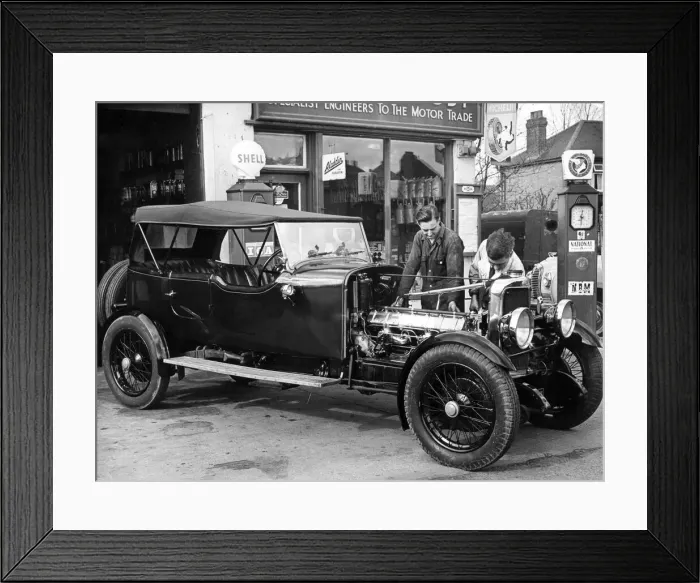 Framed Print : This 1927 Sunbeam 3 Ltr. Super Sports Tourer car outside the Rugby garage where it is Framed Print : This 1927 Sunbeam 3 Ltr. Super Sports Tourer car outside the Rugby garage where it is