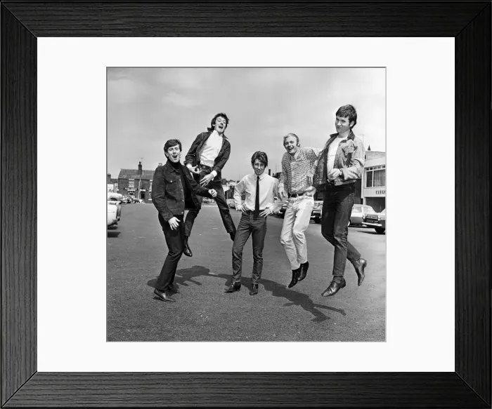 Framed Print : The Hollies pop group in happy mood in Stockport after hearing news that their latest
